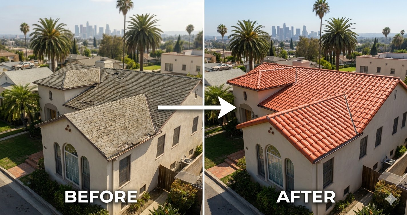 A detailed before and after composite image displaying the transformation of a roof on a Spanish-style Los Angeles home.